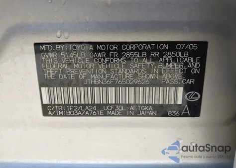 2006 Lexus Ls 430 z USA, uszkodzony, nr VIN JTHBN36F765029626